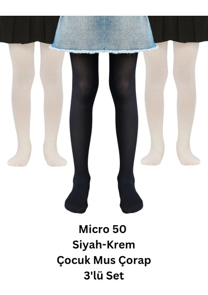 Kız Çocuk 3'lü Micro 50 Den Siyah-Krem-Krem Mus Külotlu Çorap modelleri