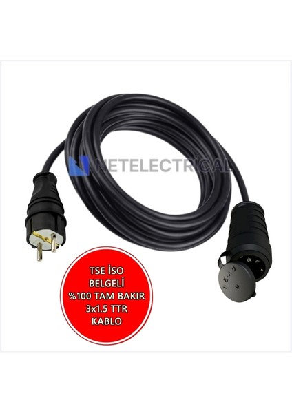 Kauçuk Tekli Topraklı Ara Uzatma Kablosu 1 Metre 3x1.5 mm² Ttr Siyah Kablolu