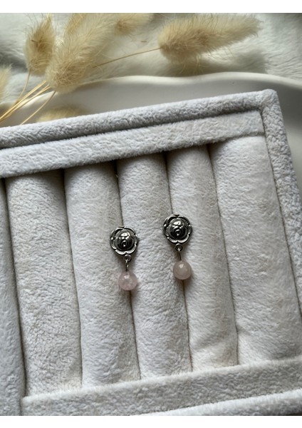 Pembe Kuvars Çiçek Motifli Çelik Gümüş Küpe