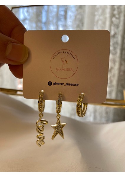 Love ve Yıldız Sallantılı Üçlü Küpe modelleri