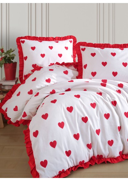 Love Kalpli Desen Fırfırlı Çift Kişilik Nevresim Takımı modelleri