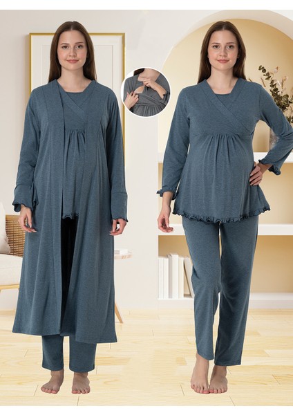 Lohusa Sabahlıklı Pijama Takımı Antrasit - 4044