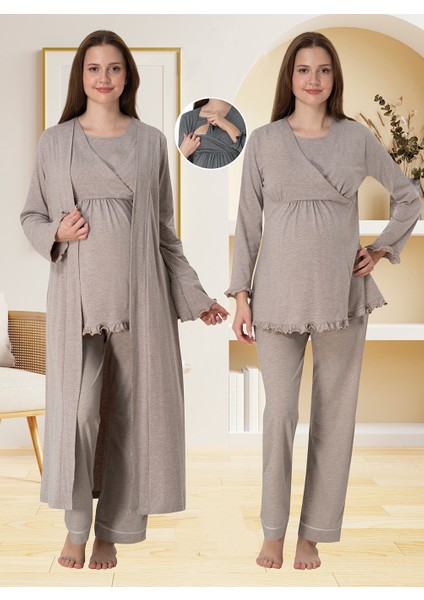 Lohusa Sabahlıklı Pijama Takımı Bej - 4044