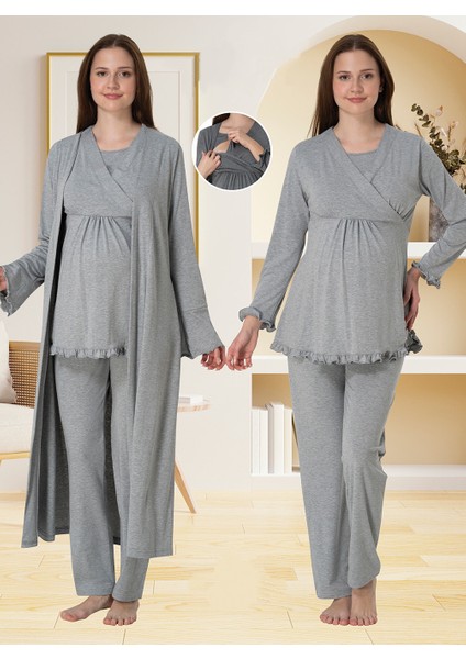 Lohusa Sabahlıklı Pijama Takımı Gri - 4044