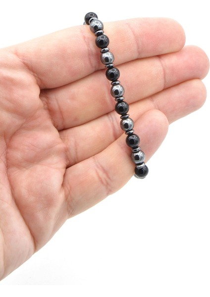 Makrome Model Hakiki Hematit ve Oniks Taşı Bileklik 6 mm