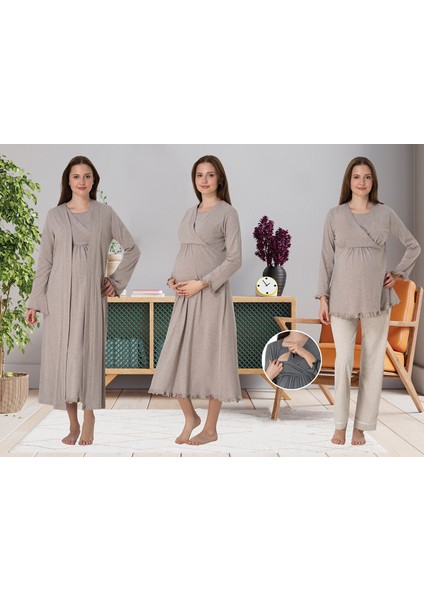 Dvina Effortt Lohusa 4'lü Set - Sabahlık/pijama Takımı/gecelik Bej - 4046