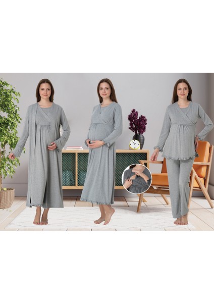 Dvina Effortt Lohusa 4'lü Set - Sabahlık/pijama Takımı/gecelik Gri - 4046