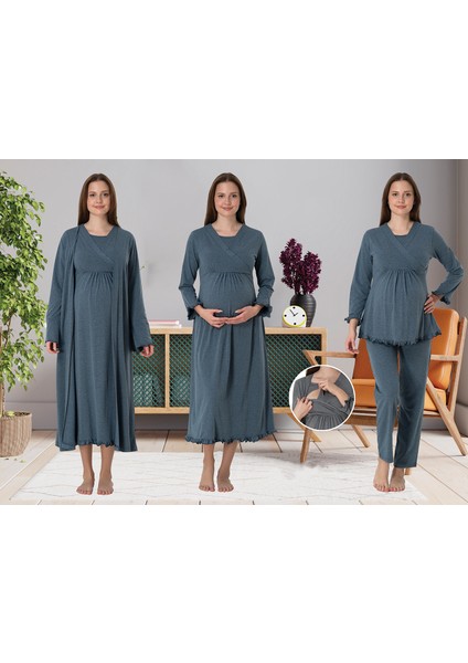 Dvina Effortt Lohusa 4'lü Set - Sabahlık/pijama Takımı/gecelik İndigo - 4046