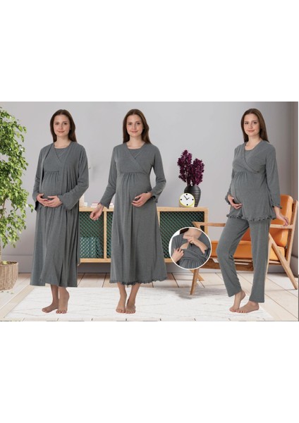 Dvina Effortt Lohusa 4'lü Set - Sabahlık/pijama Takımı/gecelik Füme - 4046