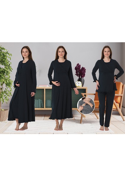 Dvina Effortt Lohusa 4'lü Set - Sabahlık/pijama Takımı/gecelik Lacivert - 4046