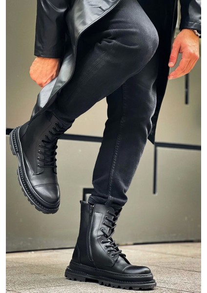 SHO229 Bağcıklı ve Fermuarlı Yüksek Taban Fst Crow Erkek Postal Bot Sıyah