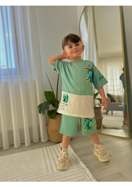 Erkek Çocuk Minecraft Modelli Baskılı Şortlu Pamuk Takım