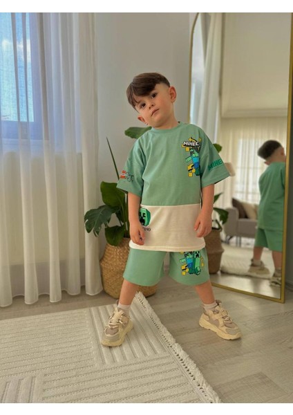Erkek Çocuk Minecraft Modelli Baskılı Şortlu Pamuk Takım fiyatları