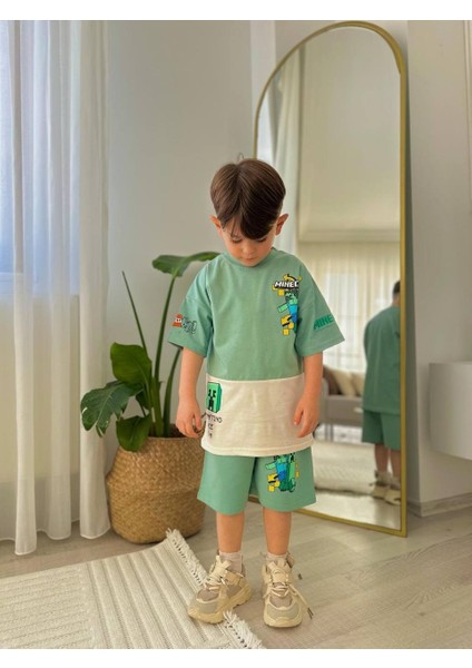 Erkek Çocuk Minecraft Modelli Baskılı Şortlu Pamuk Takım modelleri