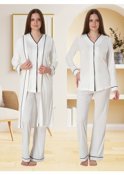 Lohusa Sabahlıklı Pijama Takımı Ekru - 5074