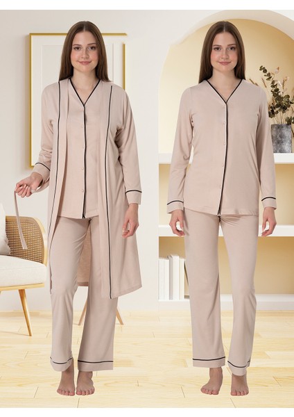 Lohusa Sabahlıklı Pijama Takımı Sütlü Kahve - 5074