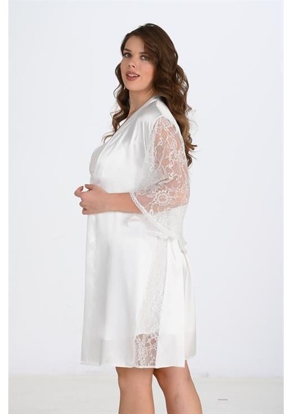 Aria's Closet Büyük Beden 2li Ekru Sabahlık Takımı Bigsize fiyatları