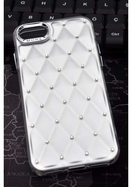 iPhone 7 / 8 Uyumlu Baklava Desenli Pırlanta Taşlı Sert Kapak Kılıf Beyaz