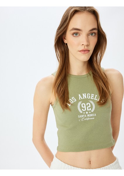Slogan Baskılı Bisiklet Yaka Kolsuz Crop Fitilli Atlet