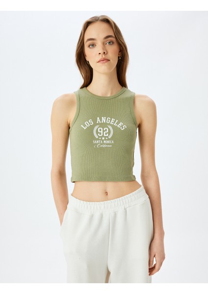 Slogan Baskılı Bisiklet Yaka Kolsuz Crop Fitilli Atlet