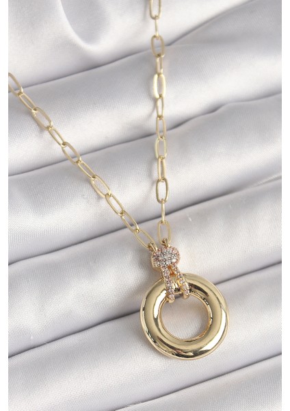 Pirinç Gold Renk Zirkon Taş Detaylı Madalyon Model Kadın Kolye