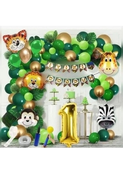 Doğum Günü Konsepti 1 Yaş Safari Temalı Folyo Lüks Zincir Balon Set