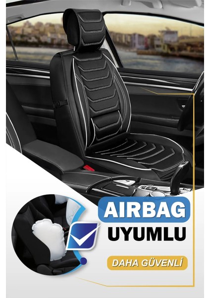 dacia Sandero Uyumlu Yarı Deri Oto Koltuk Kılıfı Ön/arka 5li Anka Set Siyah-Beyaz