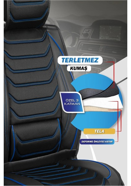 Isuzu D-Max Uyumlu Yarı Deri Oto Koltuk Kılıfı Ön/arka 5li Anka Set Siyah-Mavi