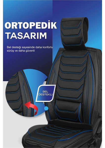 Infiniti EX30D Uyumlu Yarı Deri Oto Koltuk Kılıfı Ön/arka 5li Anka Set Siyah-Mavi