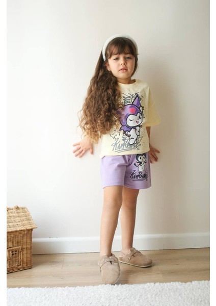 Kız Çocuk Kuromi Modelli Baskılı Şortlu Pamuk Takım