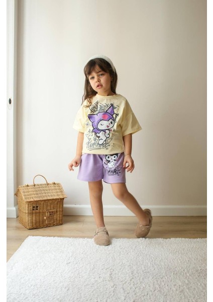 Kız Çocuk Kuromi Modelli Baskılı Şortlu Pamuk Takım modelleri