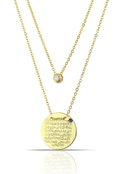 Ayet El Kürsi Gold Plaka Kolye 2 Li Nazar Boncuk Detaylı Taşlı Gold Kadın Kolye