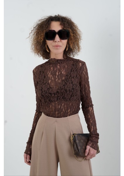 Kahve Dantel Uzun Kollu Bluz