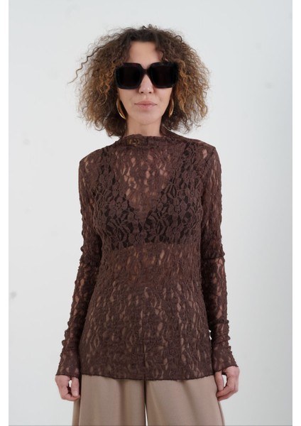 Kahve Dantel Uzun Kollu Bluz modelleri