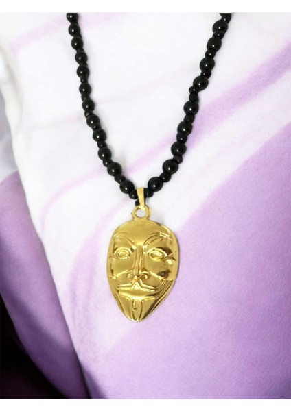 V For Vendetta Maske Kolye Boncuk Zincirli Gold