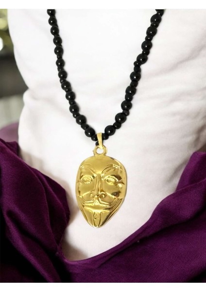 V For Vendetta Maske Kolye Boncuk Zincirli Gold