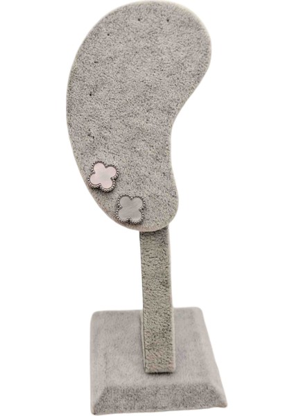 Gümüş Renk Çerçeveli Gri Beyaz Yonca Model Çelik Küpe