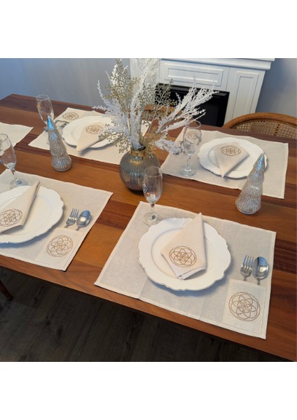 Yaşam Çiçeği Işlemeli Amerikan Servis Takımı Peçete Seti 6 Kişilik Özel Tasarım Sofra Takımı