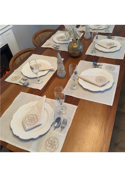 Yaşam Çiçeği Işlemeli Amerikan Servis Takımı Peçete Seti 6 Kişilik Özel Tasarım Sofra Takımı indirimleri