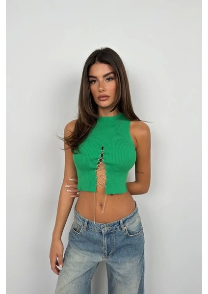 Taş Detay Dekolteli Crop Bluz