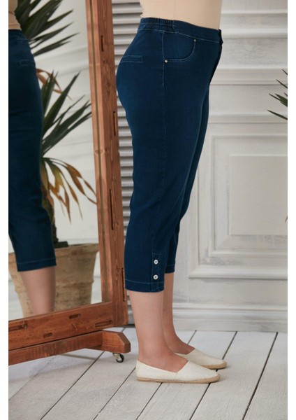 Büyük Beden Likralı Lacivert Kapri