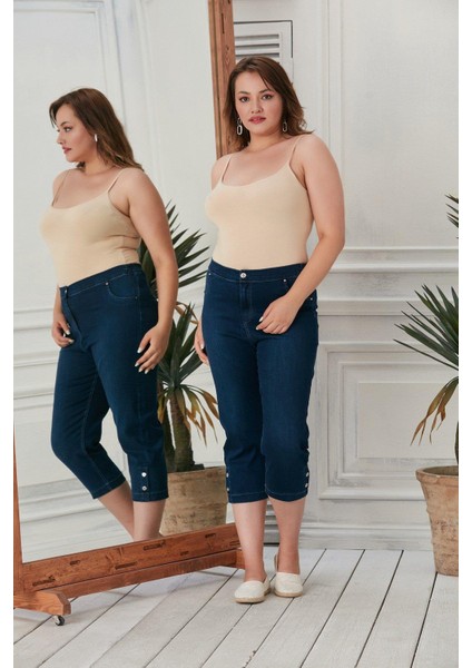 Büyük Beden Likralı Lacivert Kapri fırsatları