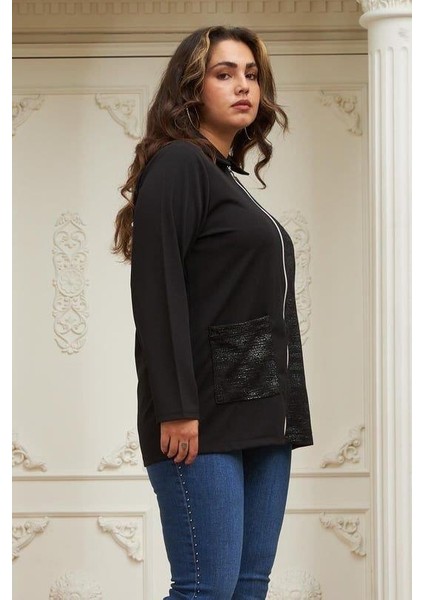 Fermuar Detaylı Garnili Büyük Beden Siyah Ceket fiyatları
