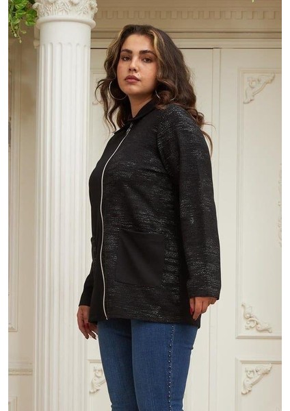 Fermuar Detaylı Garnili Büyük Beden Siyah Ceket modelleri