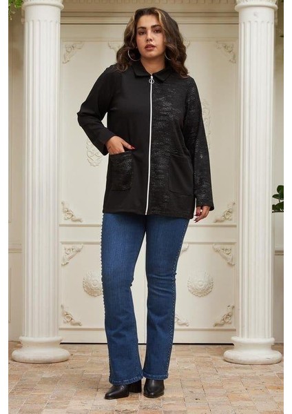 Fermuar Detaylı Garnili Büyük Beden Siyah Ceket indirimleri