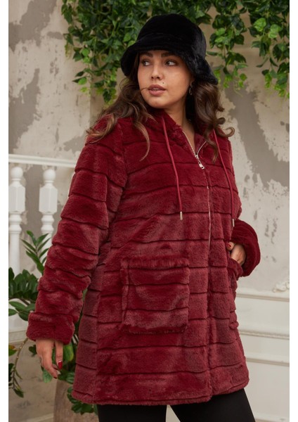 Şıklığı ve Sıcaklığı Buluşturan Büyük Beden Uzun Bordo Peluş Mont fiyatları