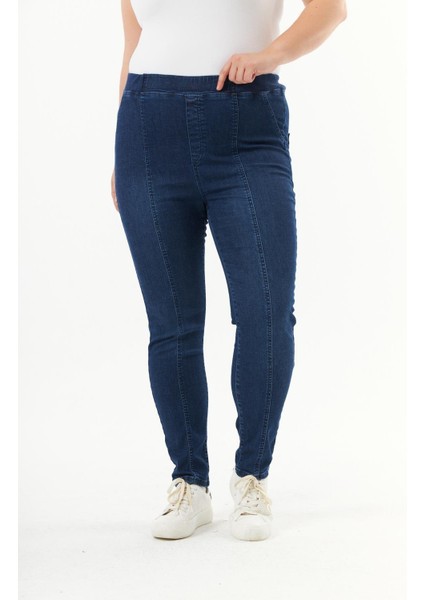 Kadın Büyük Beden Full Likralı Lacivert Pantolon - Beli Lastikli, Nakış Detaylı, Yıkamalı Rahat Kot