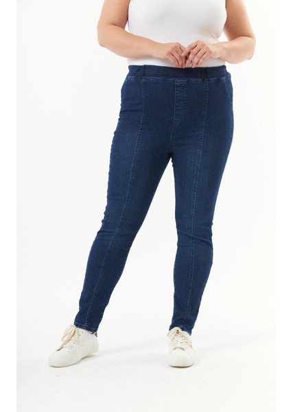 Kadın Büyük Beden Full Likralı Lacivert Pantolon - Beli Lastikli, Nakış Detaylı, Yıkamalı Rahat Kot fiyatları