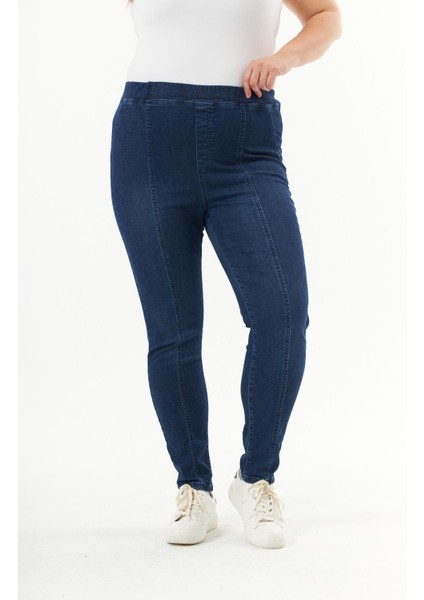 Kadın Büyük Beden Full Likralı Lacivert Pantolon - Beli Lastikli, Nakış Detaylı, Yıkamalı Rahat Kot modelleri