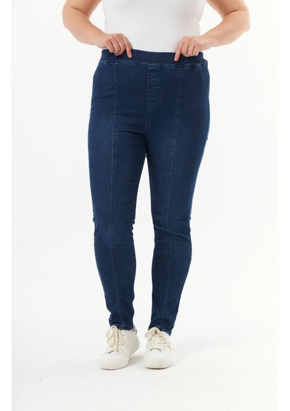 Kadın Büyük Beden Full Likralı Lacivert Pantolon - Beli Lastikli, Nakış Detaylı, Yıkamalı Rahat Kot indirimleri